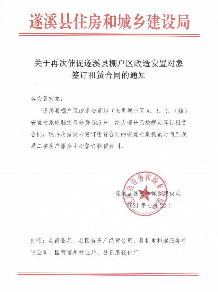 關于再次催促遂溪縣棚戶區改造安置對象簽訂租賃合同的通知.png