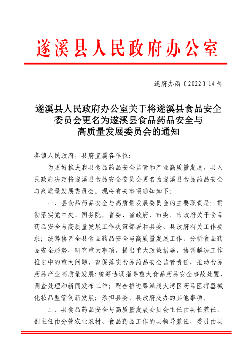 關于將遂溪縣食品安全委員會更名為遂溪縣食品藥品安全與高質量發展委員會的通知（遂府辦函〔2022〕14號）_00.png