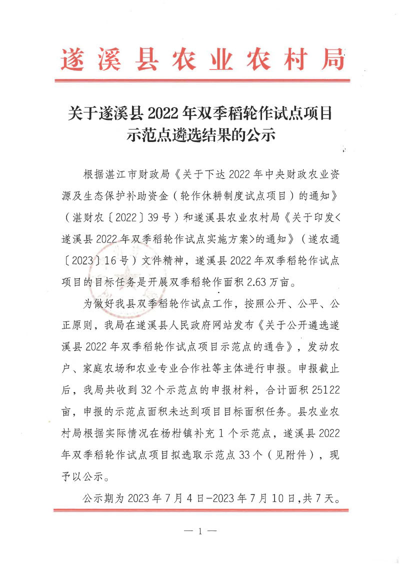 關于遂溪縣2022年雙季稻輪作試點項目示范點遴選結果的公示_00(1).png