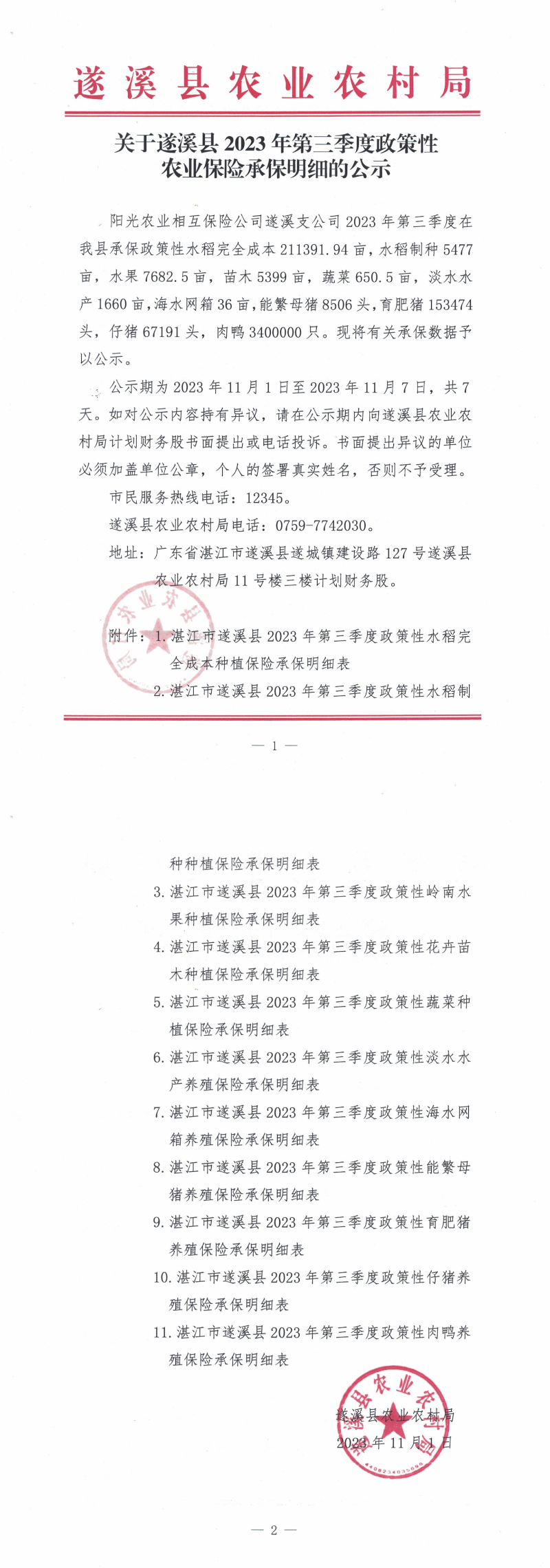 關于遂溪縣2023年第三季度政策性農業保險承保明細的公示_00.png